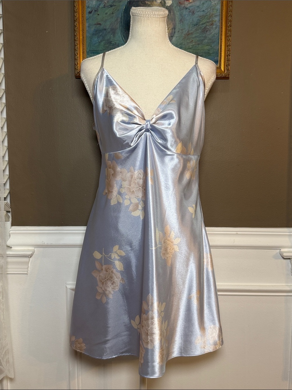 Jones New York Y2K Blue Satin Floral Chemise Slip Dress L